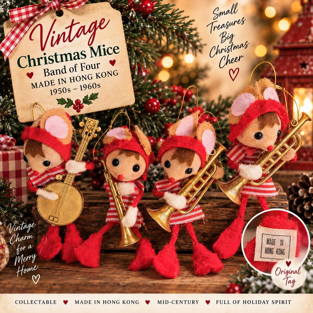 Vintage Christmas Mouse Band Ornaments – Made in Hong Kong – Set of 4 – Mid-Cent